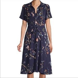 Blue floral button up belted midi dress